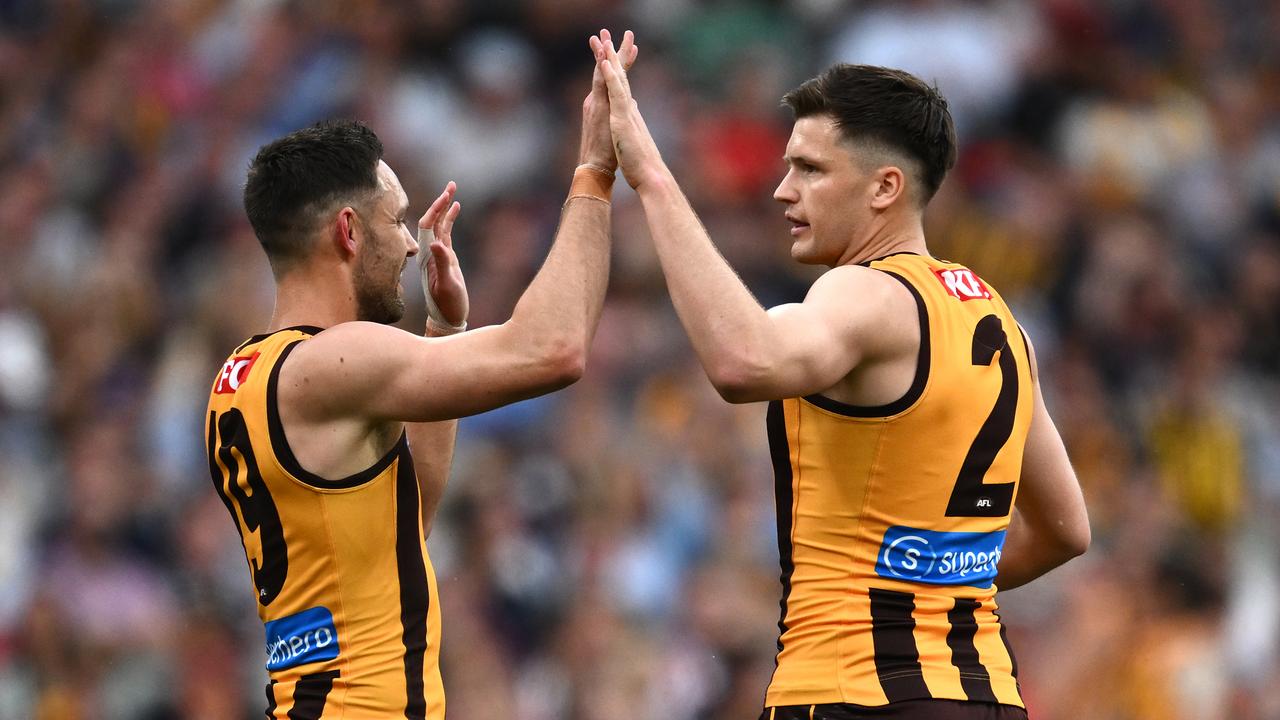Mitch Lewis of the Hawks celebrates scoring a goal with Jack Gunston