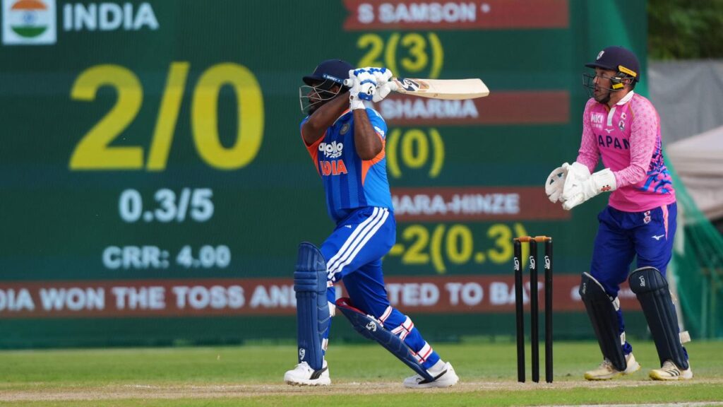 Sanju Samson swings in India’s T20 win over Japan in Sano.
