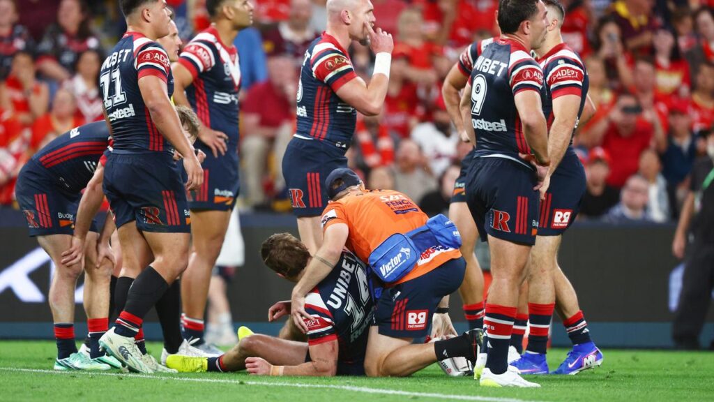 The Roosters’ Connor Watson received on-field attention after a head clash against the Dolphins. 
