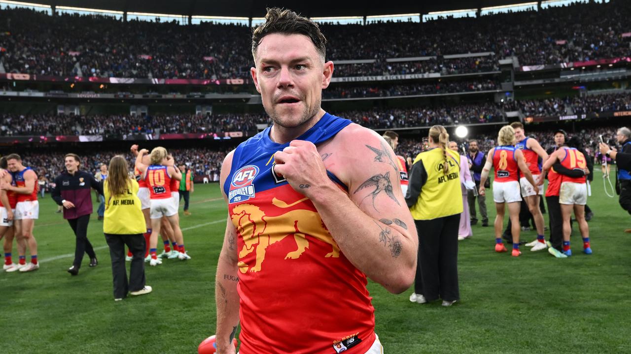 Lachie Neale of the Lions reacts a