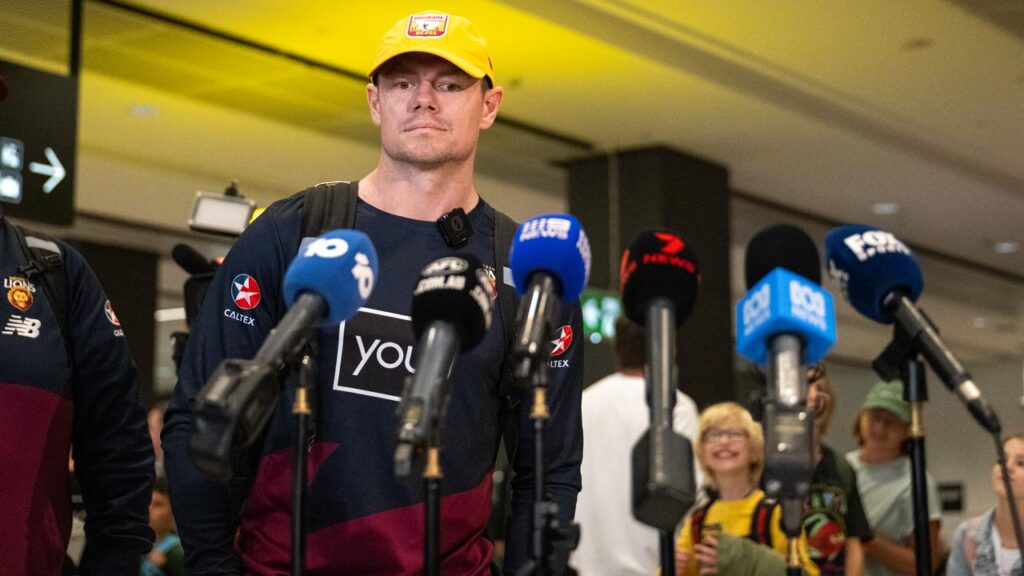 Lions midfielder Lachie Neale fronted the media after his arrival in Melbourne on Wednesday.
