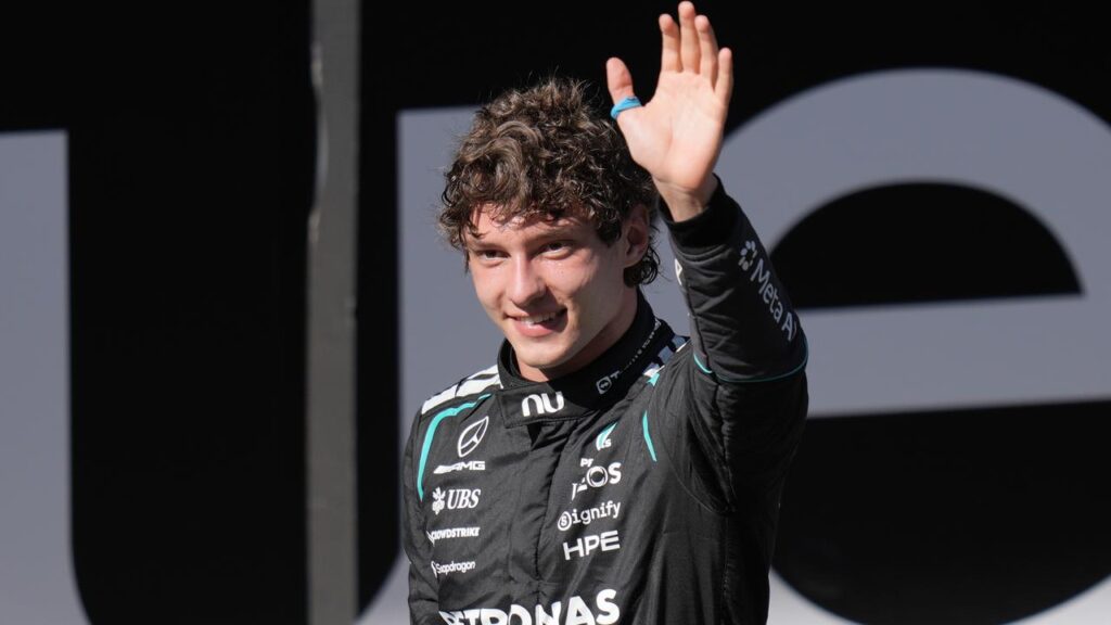 Mercedes driver Kimi Antonelli is all smiles after his eighth win of the F1 year in Madrid.

