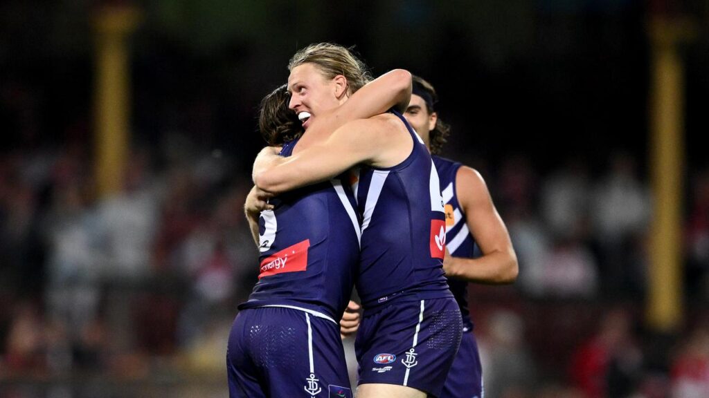 Hayden Young (right) celebrates with Caleb Serong after the Dockers’ great night at the SCG.

