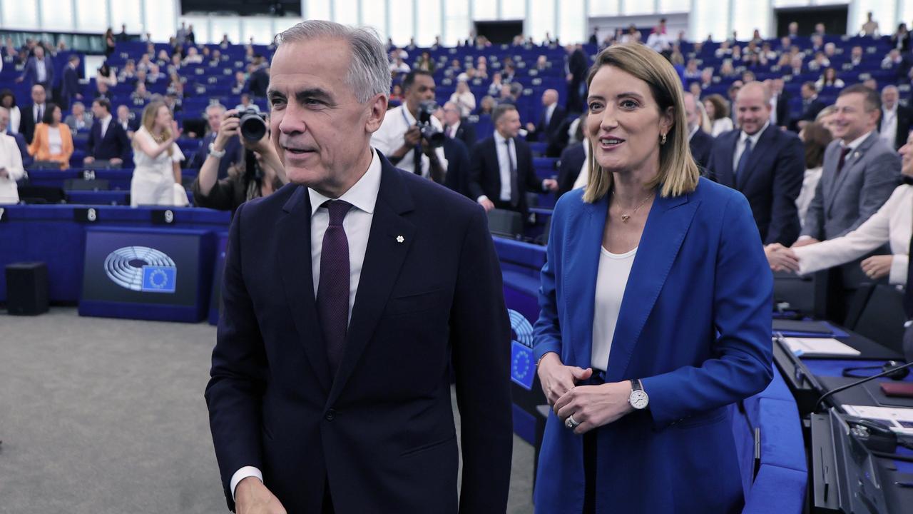 Mark Carney and Roberta Metsola in European Parliament in Strasbourg
