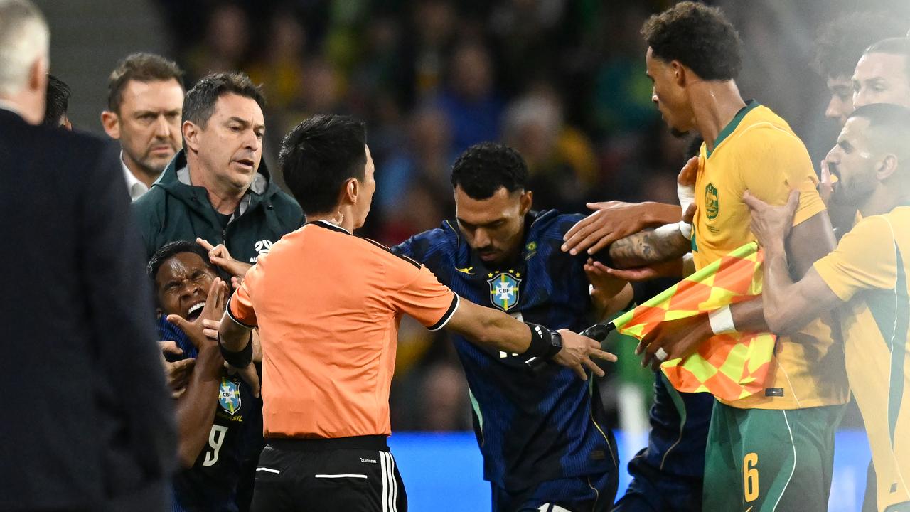 Australia and Brazil players clash