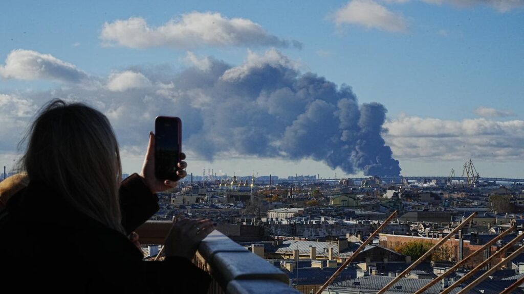 Ukrainian strikes have sparked fires at the St Petersburg Oil Terminal and the Ruchi oil depot.
