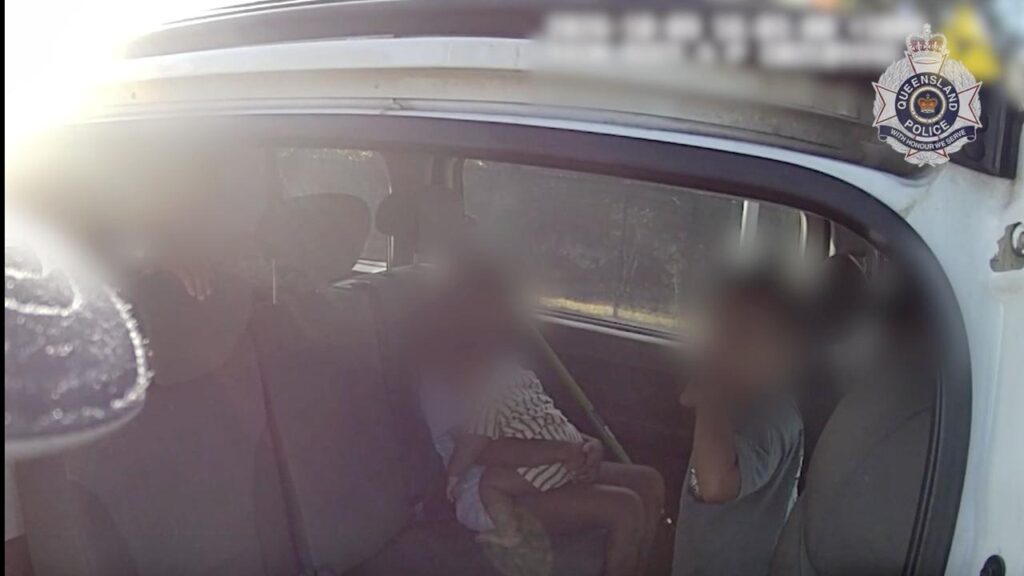An unrestrained baby was among several children in a speeding car pulled over by police.
