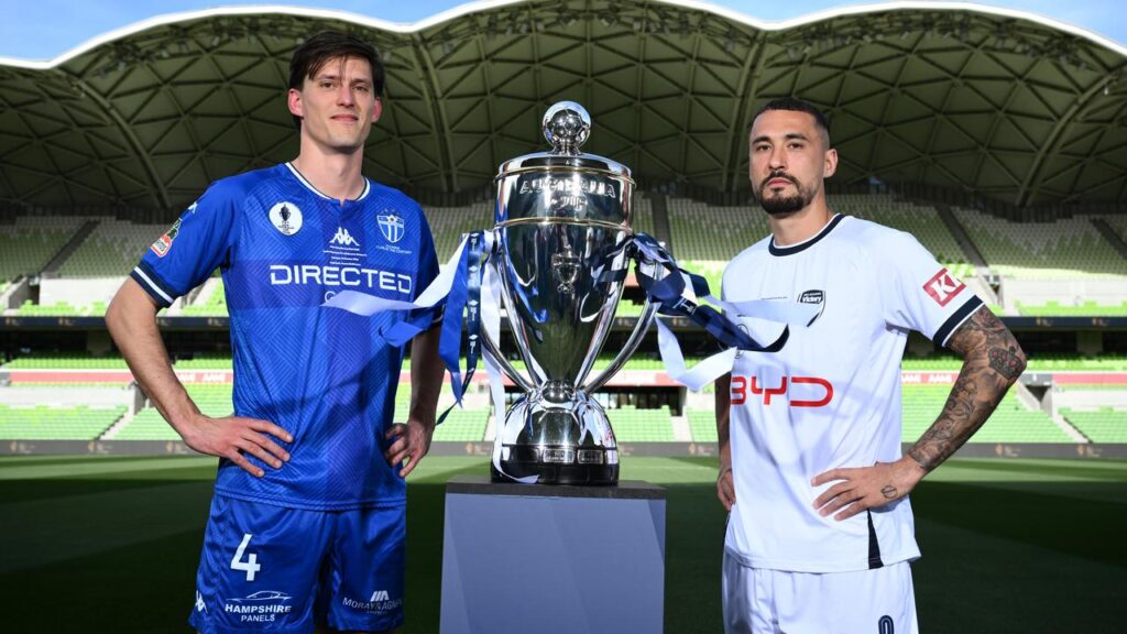 South captain Marco Jankovic and Victory’s Jason Davidson ahead of the Australia Cup final.
