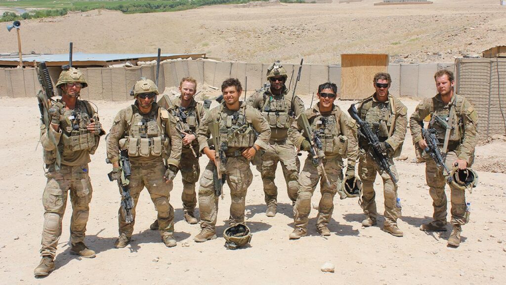 Mathew Bell, third from left, was 24 when his infantry battalion was deployed to Afghanistan.
