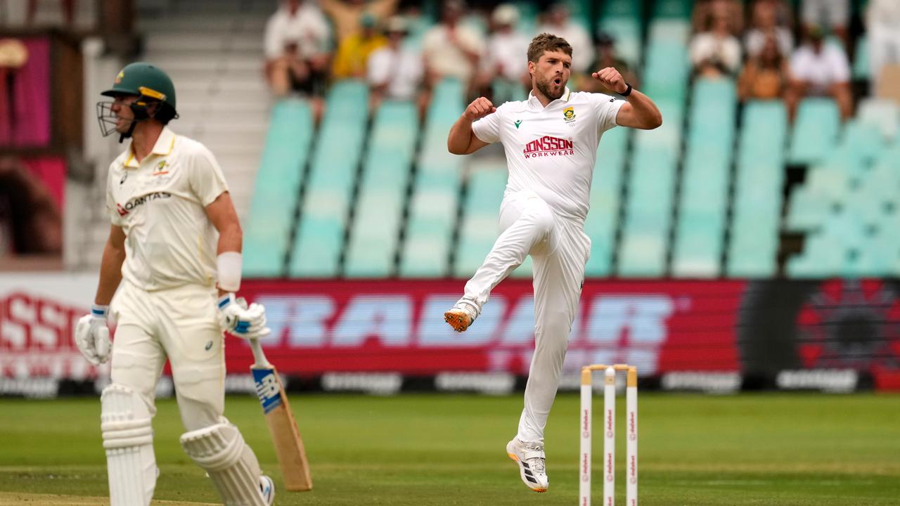 Wiann Mulder celebrates dismissing Australia's Pat Cummins.
