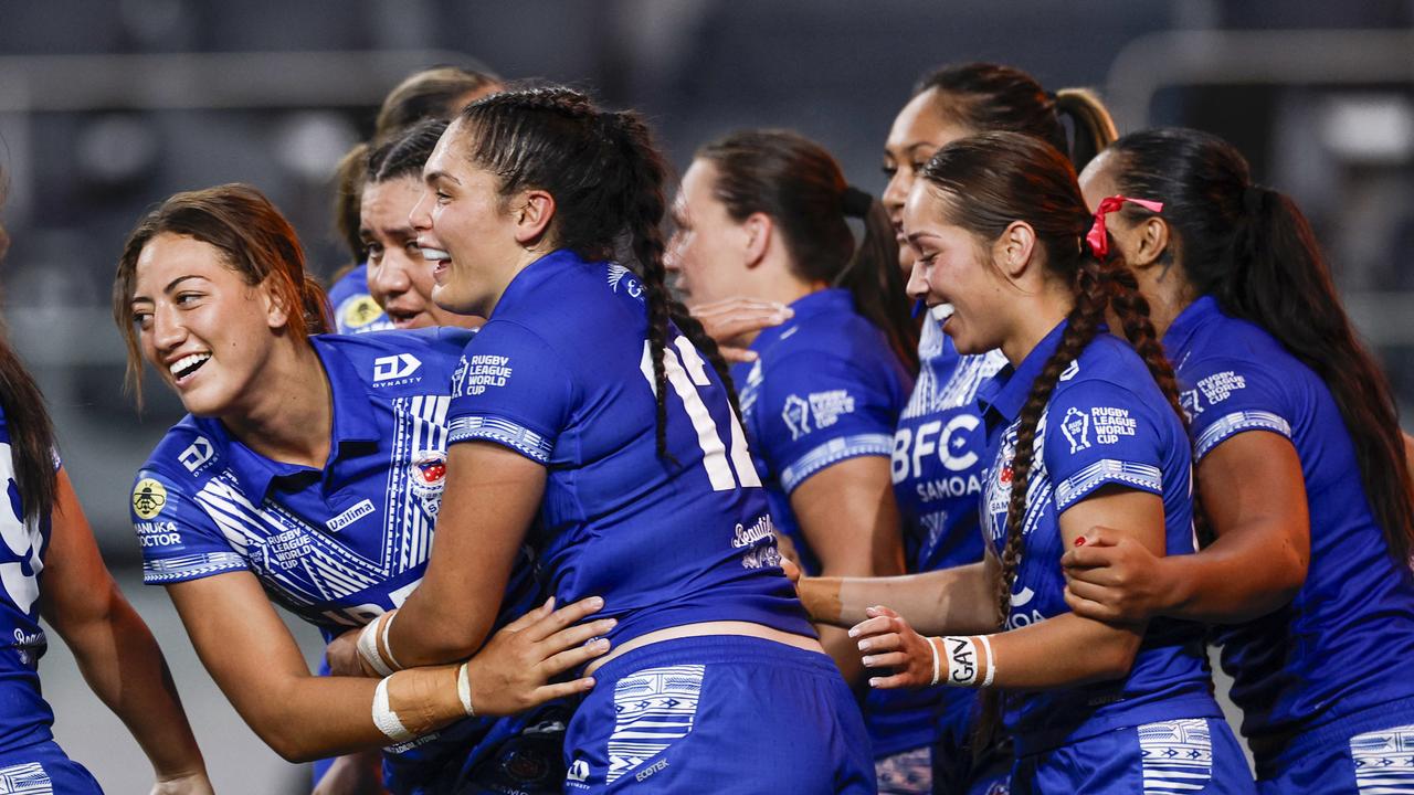 Samoa celebrate World Cup try.