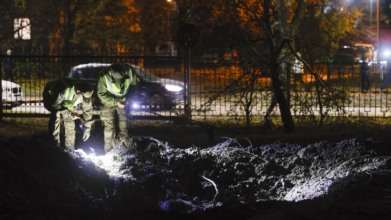 A crater after a Russian missile strike in Kyiv, Ukraine