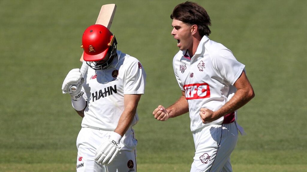Queensland quick Xavier Bartlett celebrates dismissing SA’s Jake Weatherald in their Shield game.
