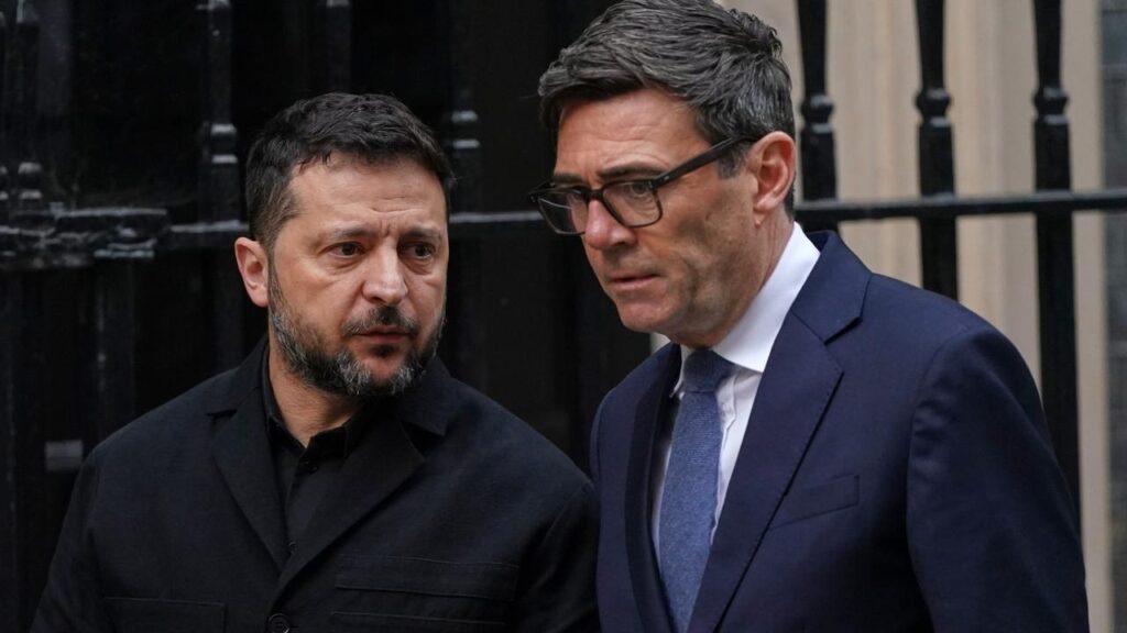 Volodymyr Zelenskiy met Britain’s Andy Burnham as he seeks help in the face of wavering US support.
