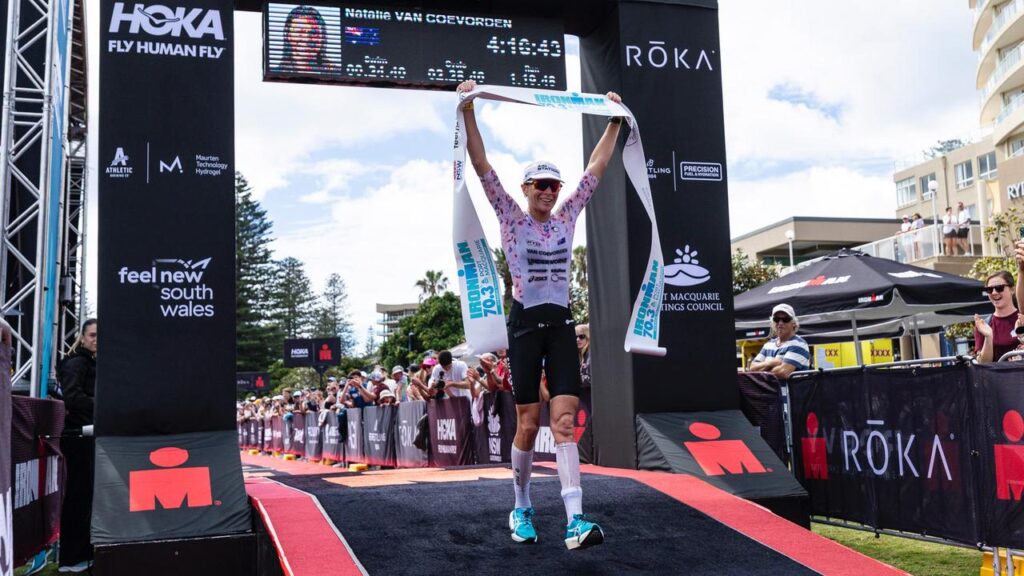 Olympian Natalie Van Coevorden has won the Ironman 70.3 Port Macquarie triathlon again.
