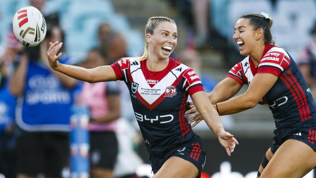 Tarryn Aiken was all smiles after scoring a try in her team’s dominant grand final performance.
