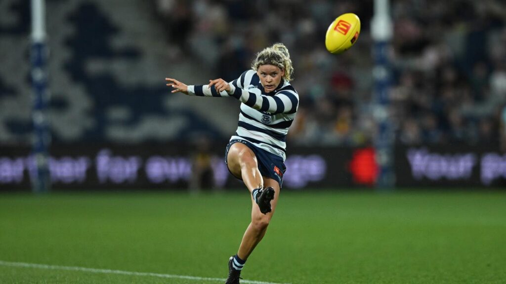 The prolific Georgie Prespakis had 39 disposals in the Cats’ hammering of the Eagles.
