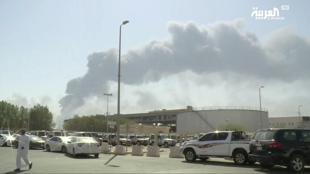 Two people were killed in Saudi Arabia after debris from a drone fell near an oil facility.
