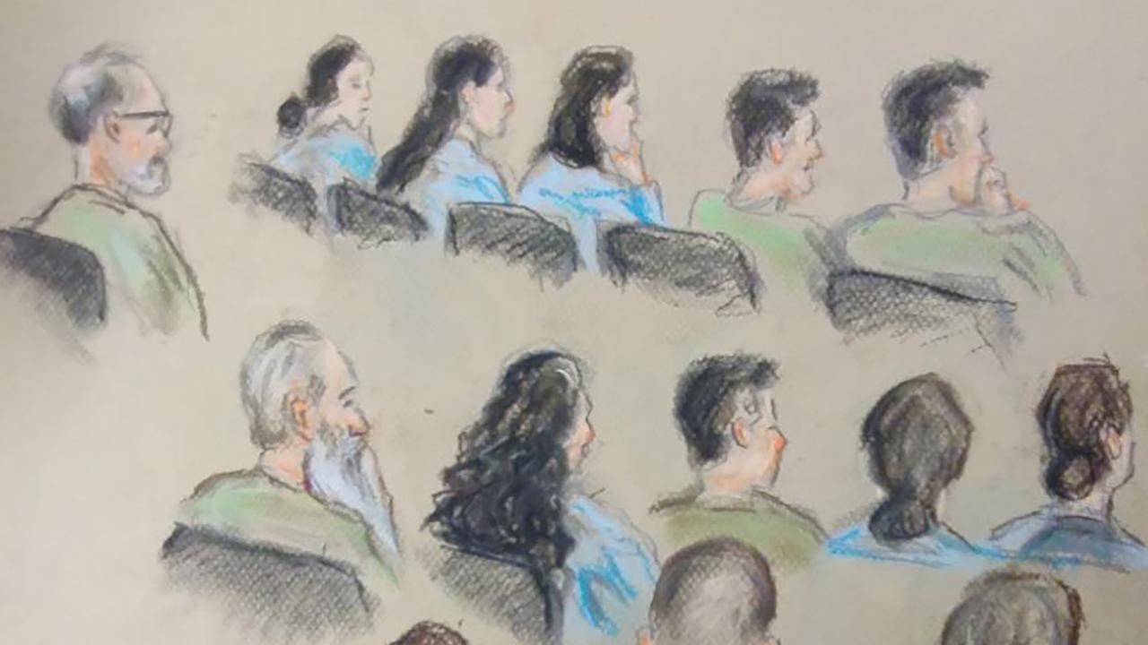 court sketch of 14 people