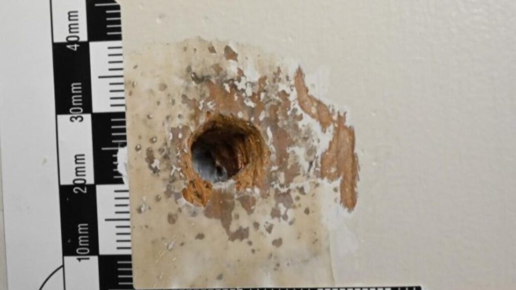 Marks around a hole in a bedroom door are evidence of stippling, a ballistics expert has testified.
