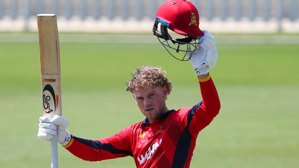 South Australia’s Jake Fraser-McGurk celebrates his century during their Queensland shellacking.
