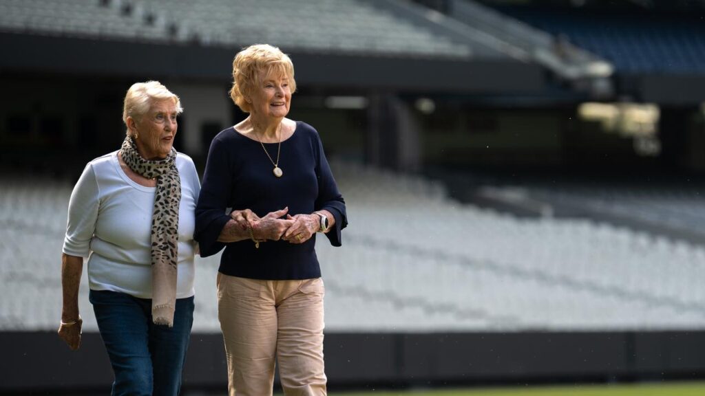 Olympians Marlene Mathews (right) and Sandra Morgan-Beavis are marking Melbourne’s 70th anniversary.
