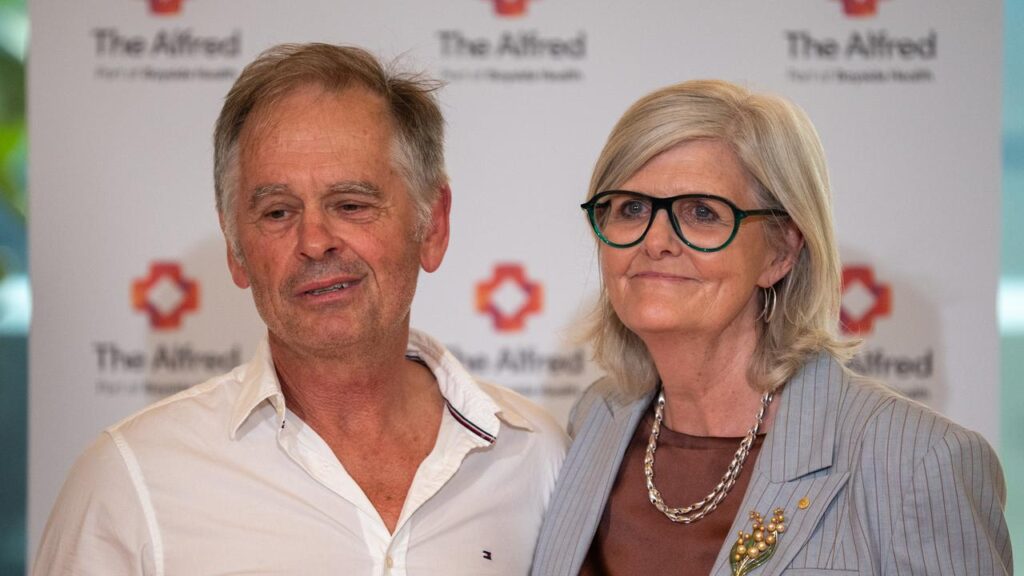 Helen Haines’ husband Phil Haines has addressed the media, supported by Governor-General Sam Mostyn.
