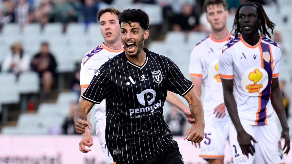 Defender Jonathan Aspropotamitis has soared to head home Macarthur’s winner against Perth.
