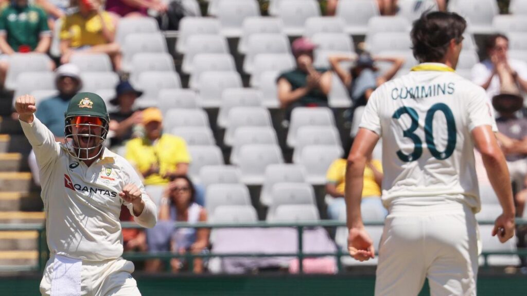 Australian captain Pat Cummins made the breakthrough, much to Travis Head’s delight.  
