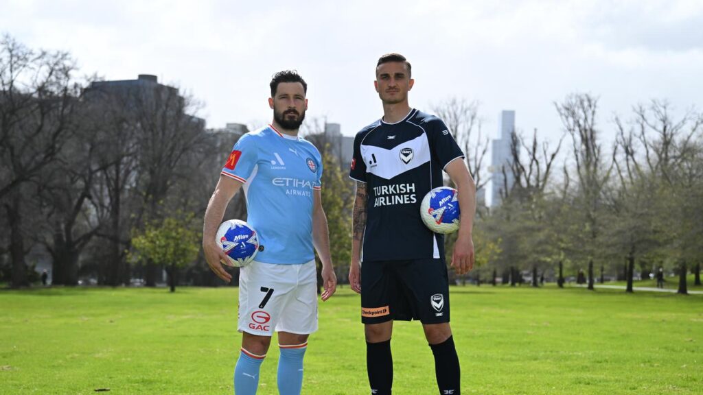 Victory’s Philipp Ziereis (right) and City’s Mathew Leckie are hunting a Melbourne derby win.
