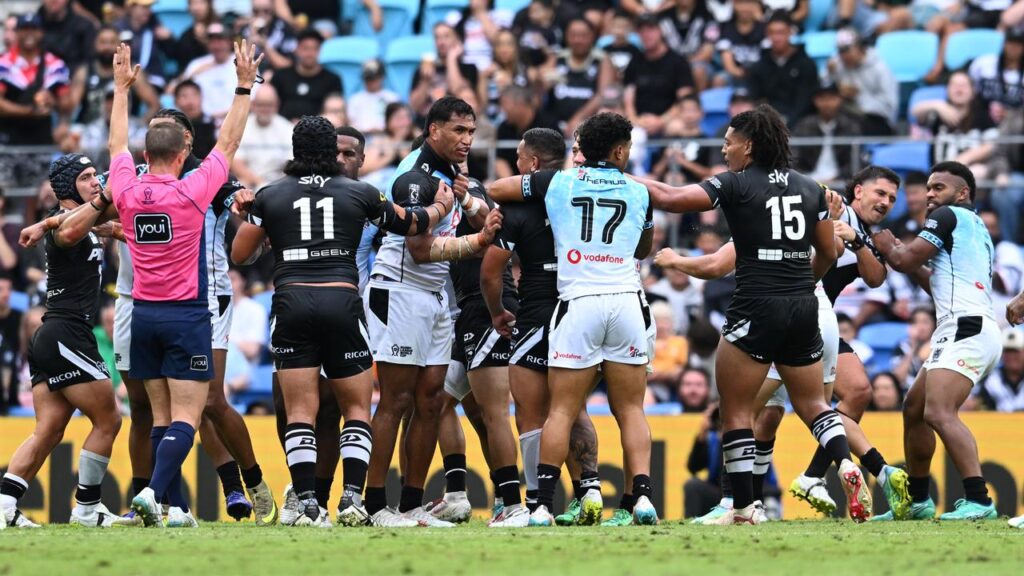 Tempers flared late in New Zealand’s crushing World Cup win over Fiji.
